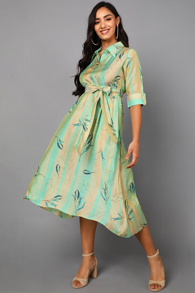 Sea Green Polyester Abstract Print Midi Dress VD1240