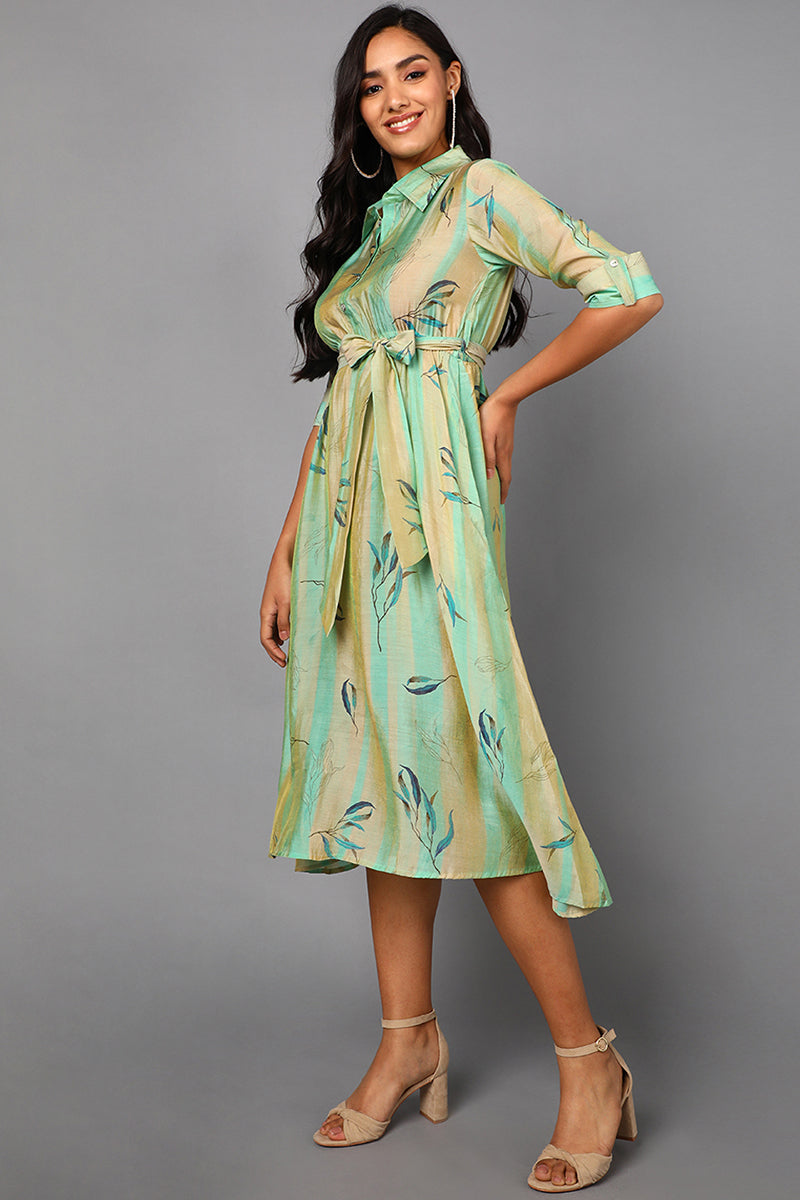 Sea Green Polyester Abstract Print Midi Dress VD1240