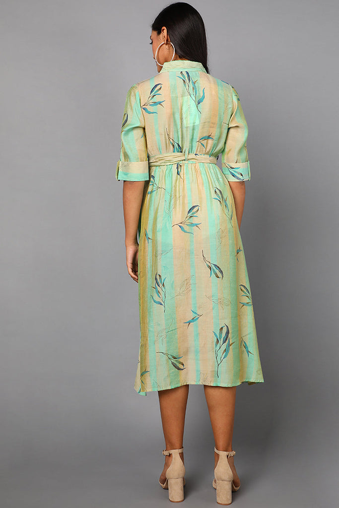 Sea Green Polyester Abstract Print Midi Dress VD1240