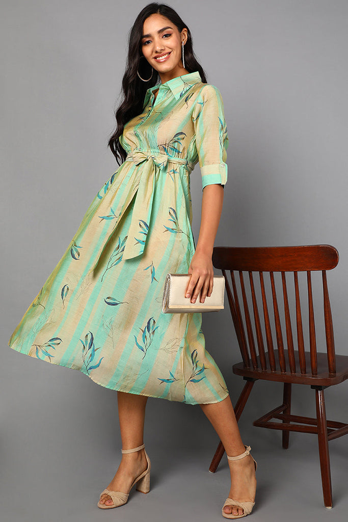 Sea Green Polyester Abstract Print Midi Dress VD1240