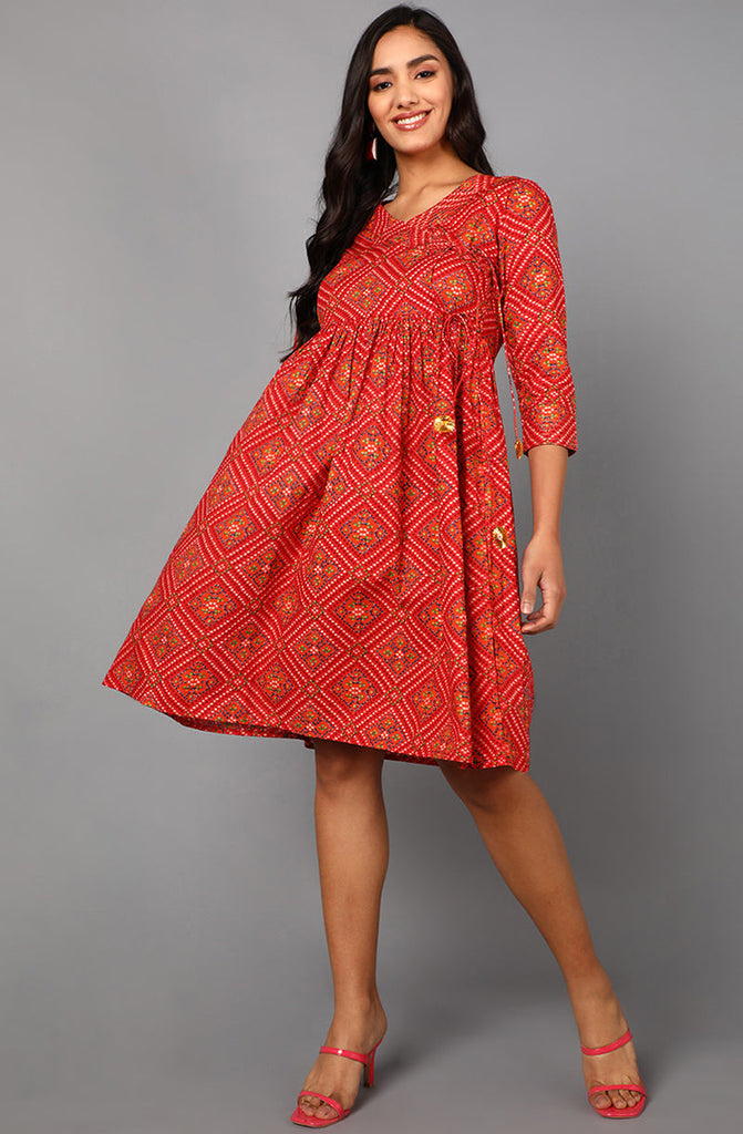 Red Cotton Bandhani Midi Dress VD1241