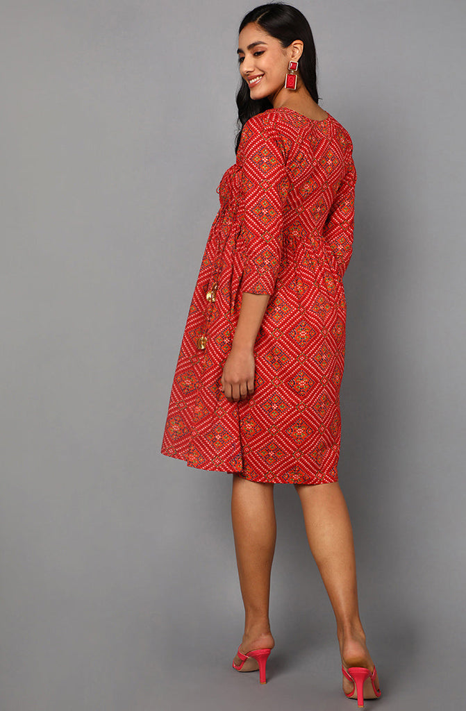 Red Cotton Bandhani Midi Dress VD1241