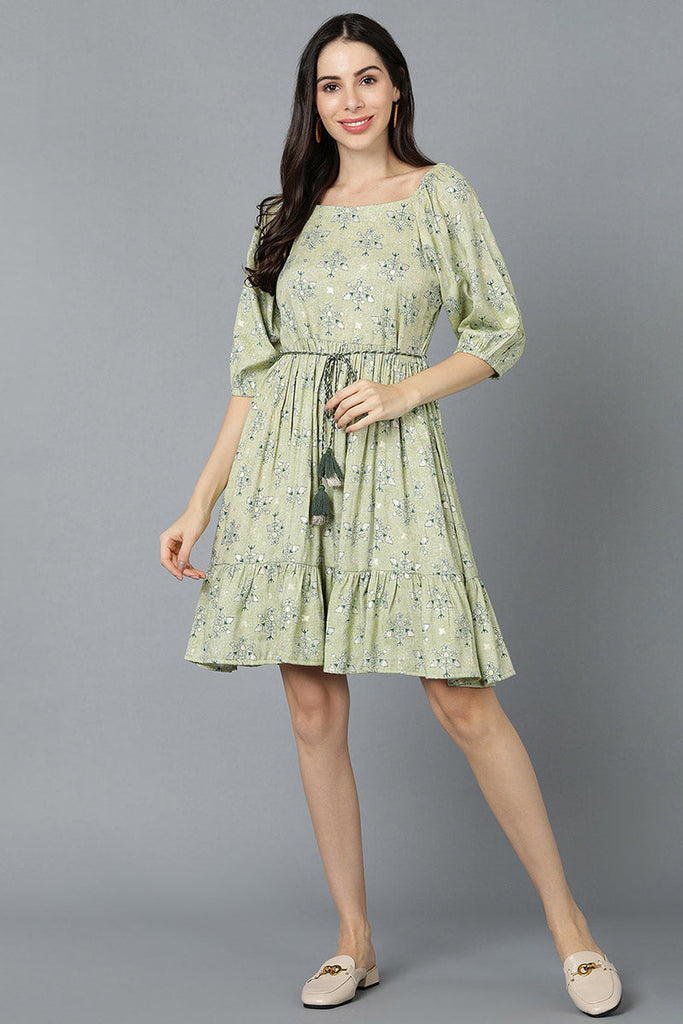  Women Green Cotton Printed Dresses 