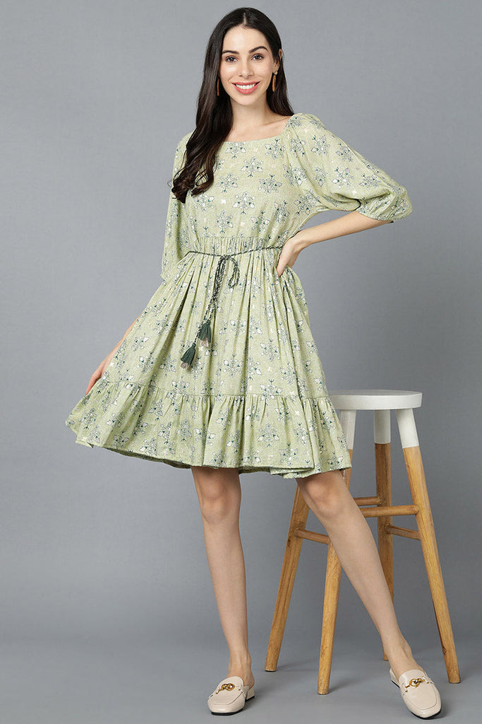  Women Green Cotton Printed Dresses 