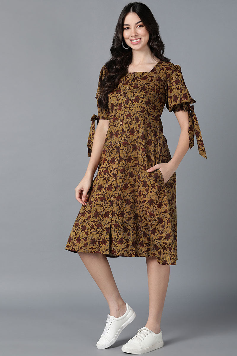  Women Mustard Cotton Printed Dresses 