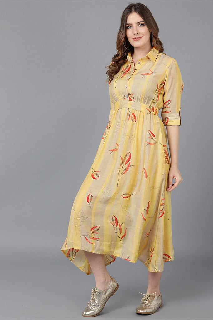  Women Yellow Polyester Striped Dresses 