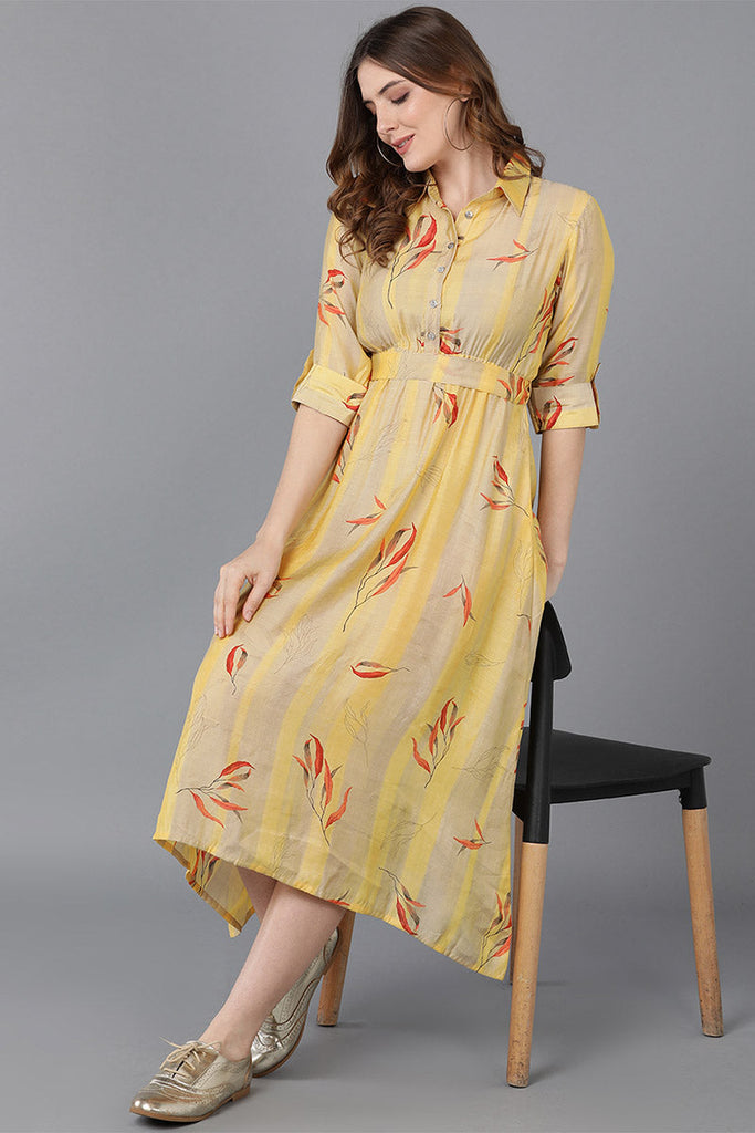  Women Yellow Polyester Striped Dresses 