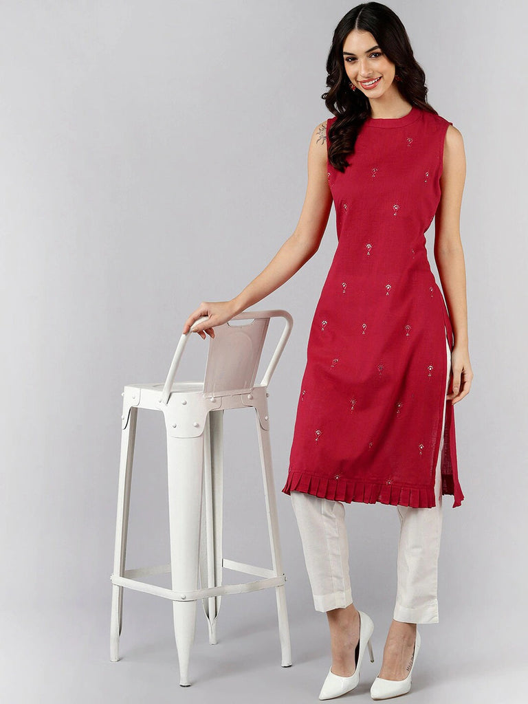  Women Red Solid Embroidered Kurtas