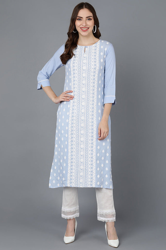  Women Blue Silk Embroidered Kurta