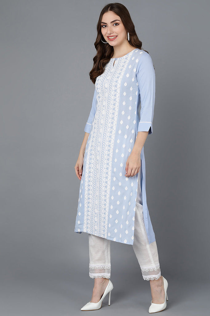  Women Blue Silk Embroidered Kurta