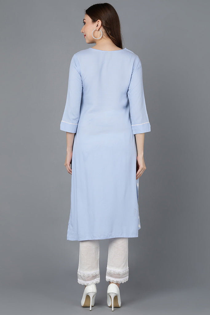  Women Blue Silk Embroidered Kurta