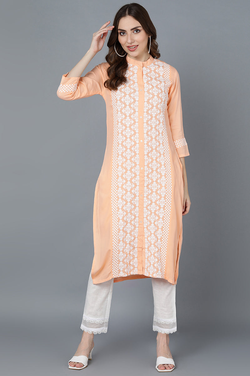   Women Peach-Coloured & White Floral Embroidered Thread Work Kurta
