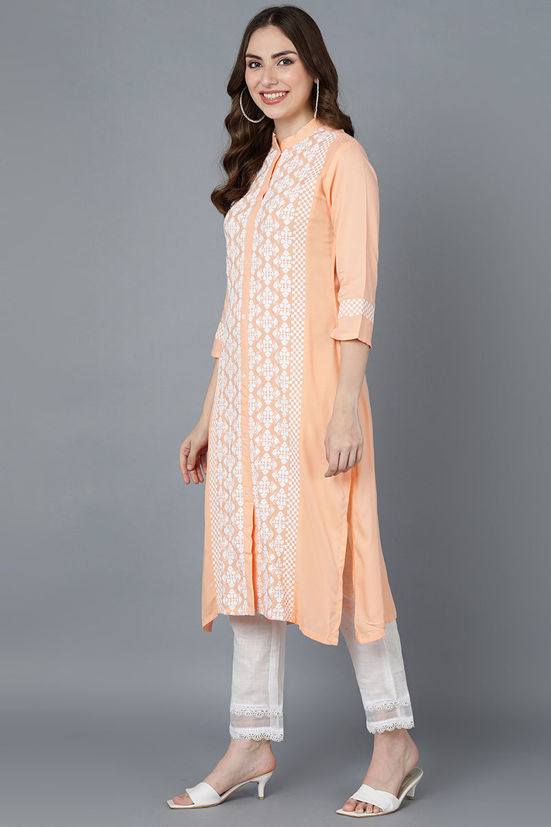   Women Peach-Coloured & White Floral Embroidered Thread Work Kurta