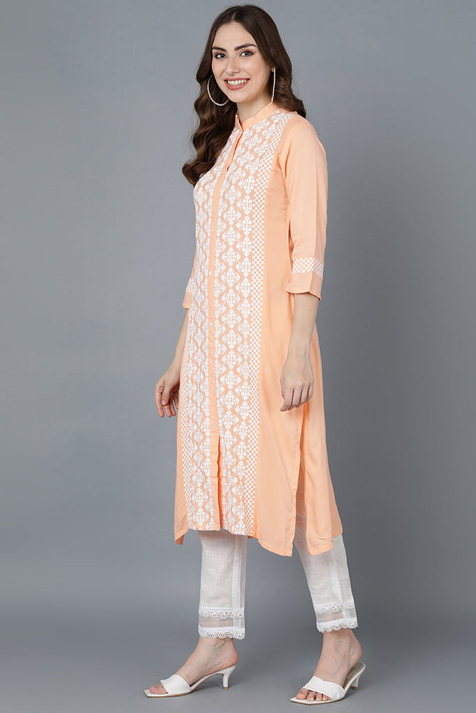   Women Peach-Coloured & White Floral Embroidered Thread Work Kurta