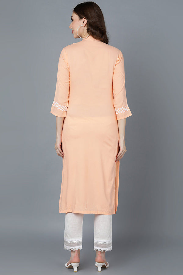   Women Peach-Coloured & White Floral Embroidered Thread Work Kurta