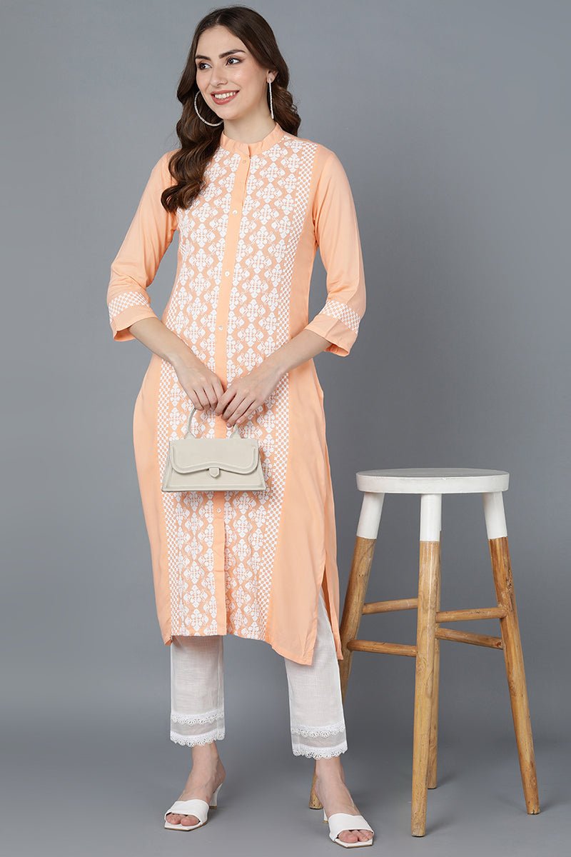   Women Peach-Coloured & White Floral Embroidered Thread Work Kurta