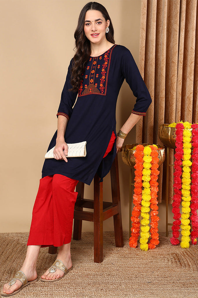 Navy Blue Viscose Rayon Solid Embroidered Straight Kurta VEKSL1057