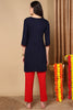 Navy Blue Viscose Rayon Solid Embroidered Straight Kurta VEKSL1057