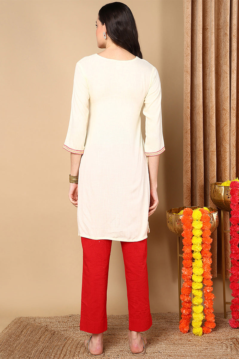 Cream Viscose Rayon Solid Straight Kurti VEKSL1059