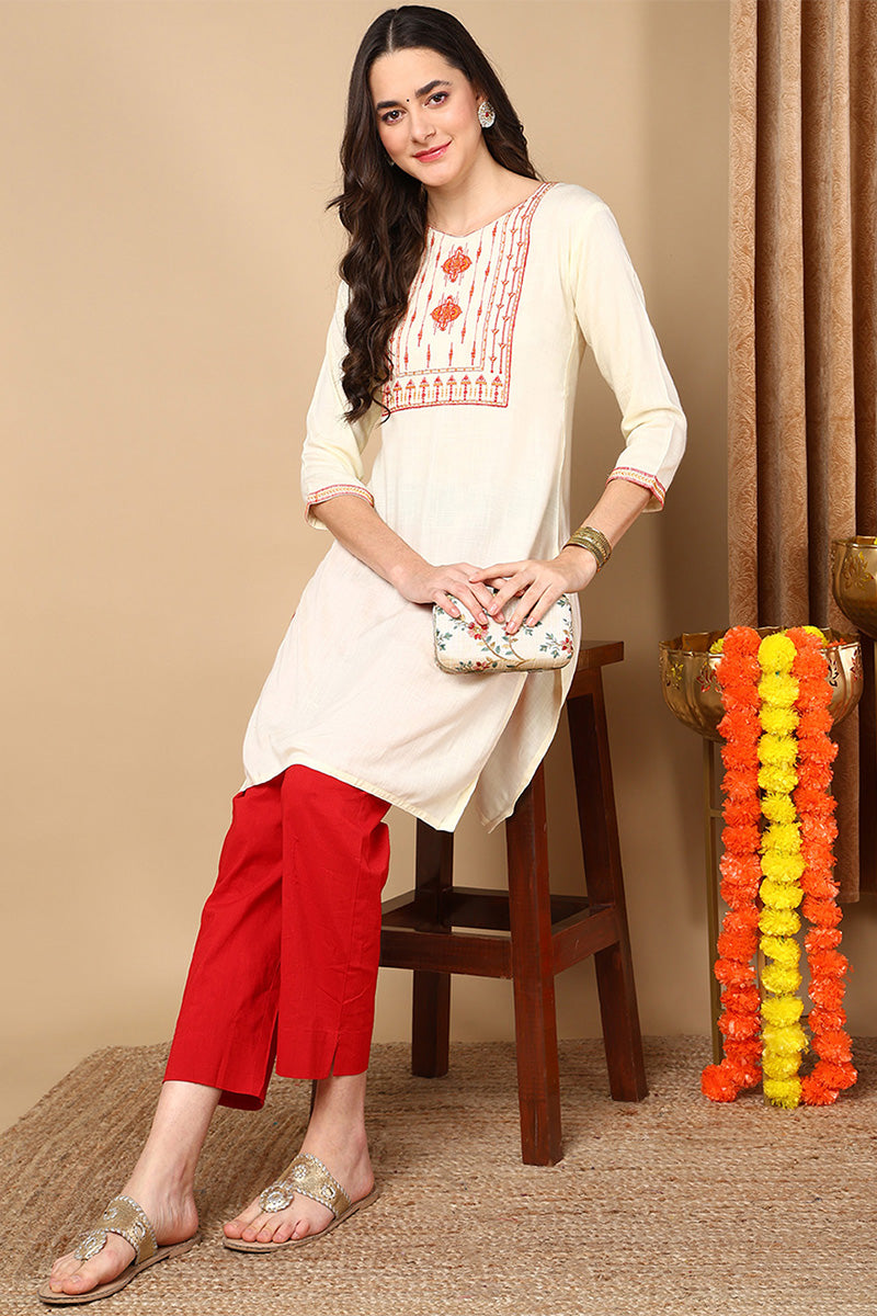 Cream Viscose Rayon Solid Straight Kurti VEKSL1059