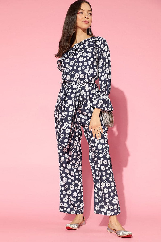  Navy Blue  White Printed Basic Jumpsuit