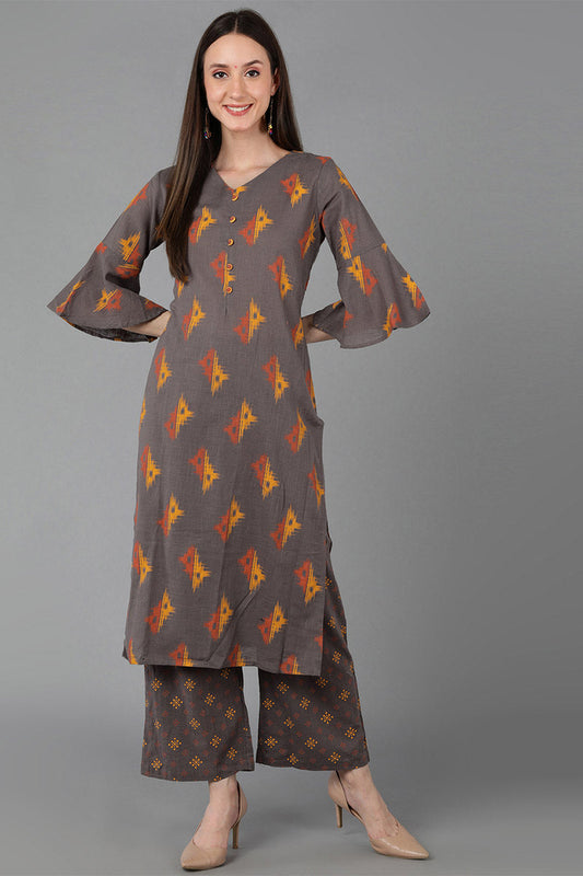  Women Taupe Pure Cotton Printed Kurta Palazzos 