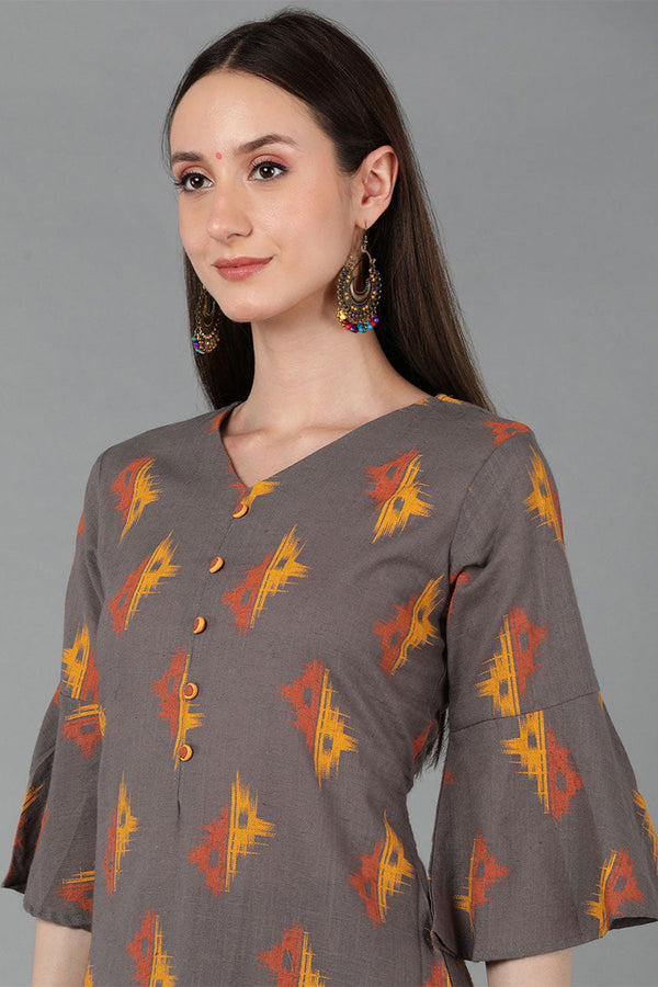 Women Taupe Pure Cotton Printed Kurta Palazzos 