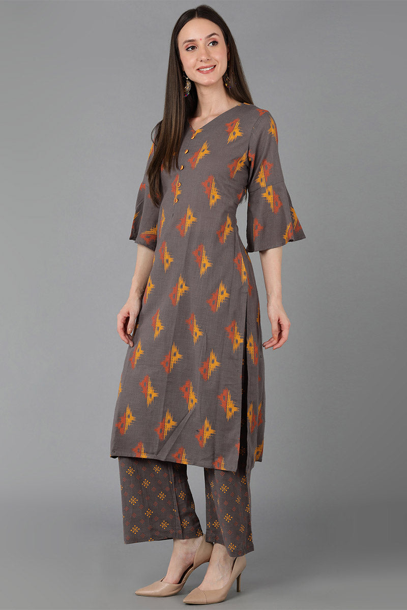  Women Taupe Pure Cotton Printed Kurta Palazzos 
