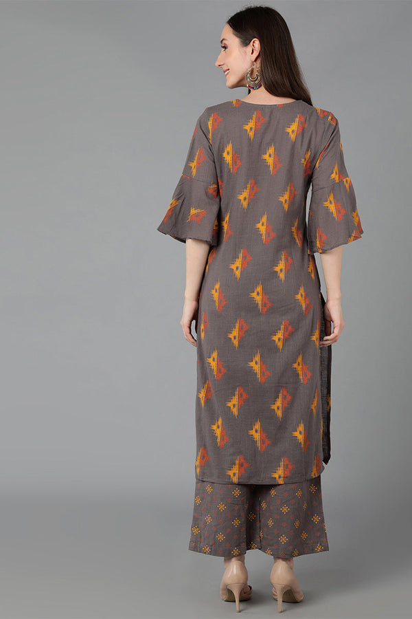  Women Taupe Pure Cotton Printed Kurta Palazzos 