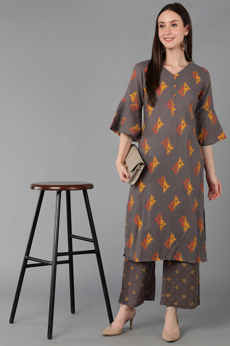  Women Taupe Pure Cotton Printed Kurta Palazzos 