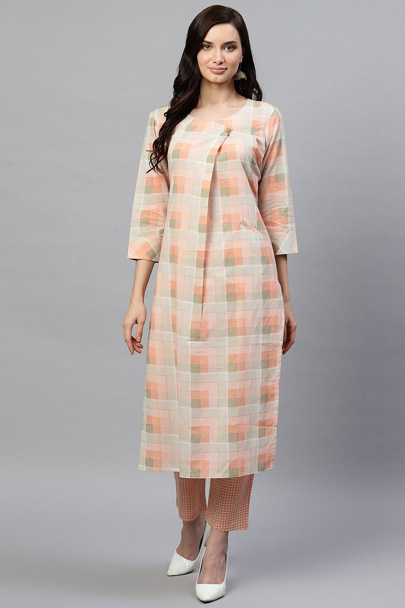   Occasion Wear Cotton Fabric Printed Stylish Peach Color Kurta And Palazzo Set 