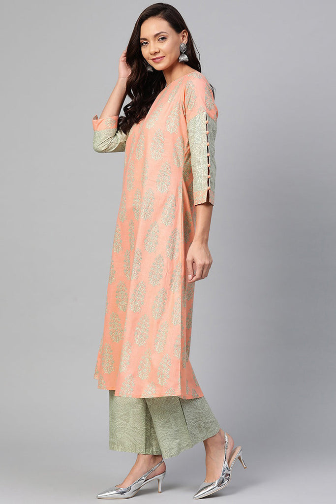 Peach Pure Cotton Ethnic Motifs kurta Set VKSET1047