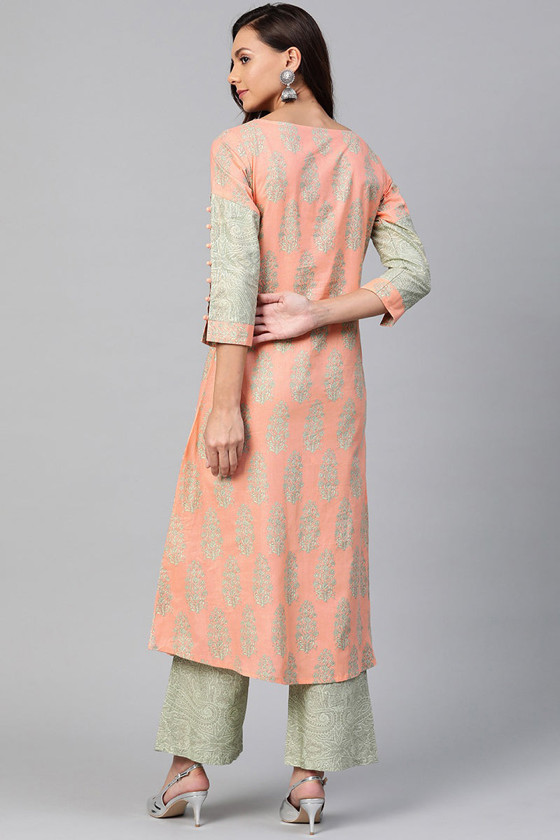 Peach Pure Cotton Ethnic Motifs kurta Set VKSET1047