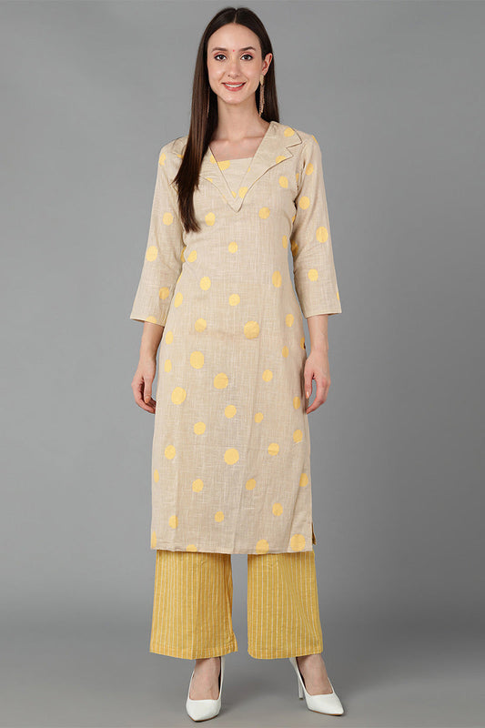  Women Beige Pure Cotton Printed Kurta Trousers 