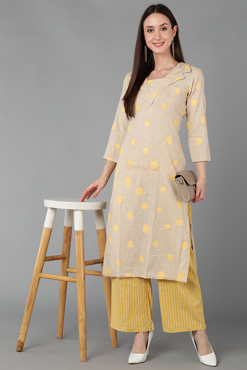  Women Beige Pure Cotton Printed Kurta Trousers 