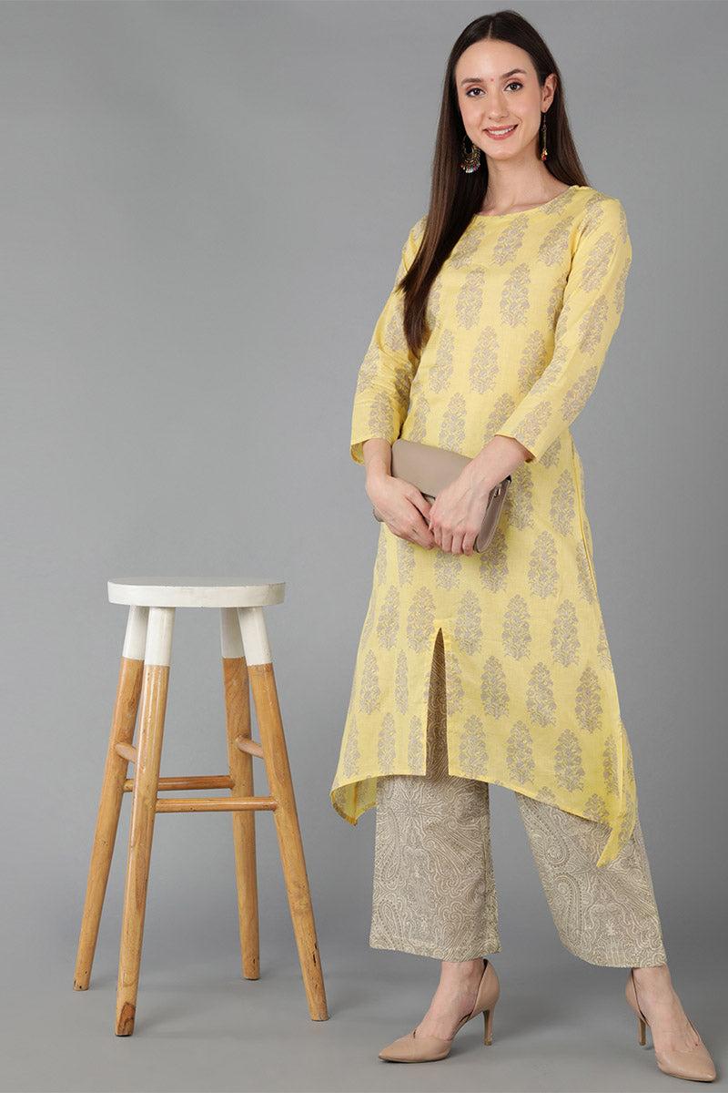  Women Yellow Pure Cotton Printed Kurta Palazzos 