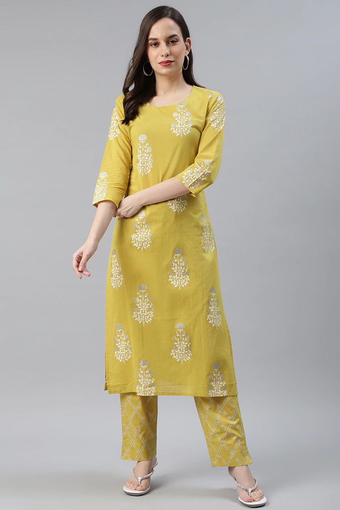   Cotton Lime Green Ethnic Motifs Printed Straight Kurta Palazzo Set 