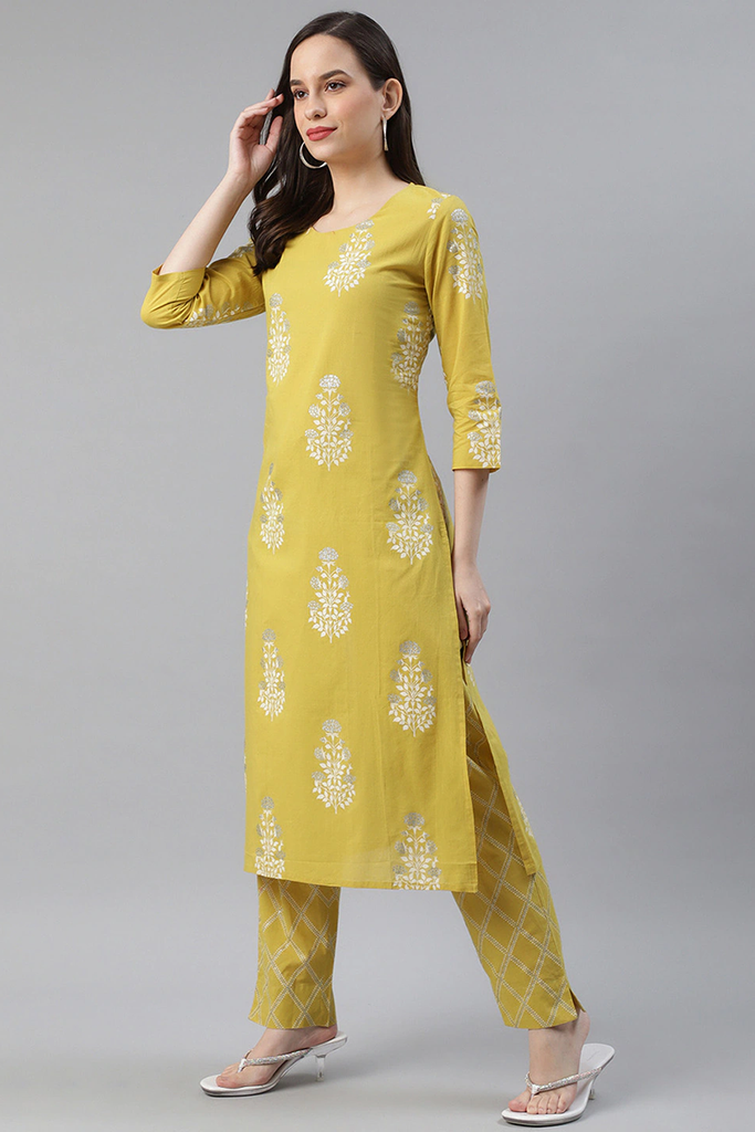   Cotton Lime Green Ethnic Motifs Printed Straight Kurta Palazzo Set 