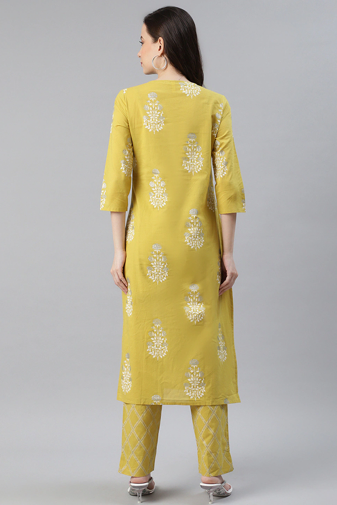   Cotton Lime Green Ethnic Motifs Printed Straight Kurta Palazzo Set 