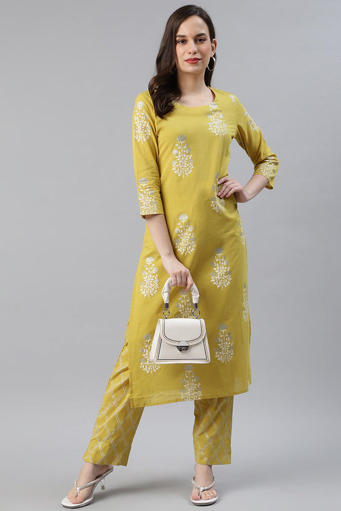   Cotton Lime Green Ethnic Motifs Printed Straight Kurta Palazzo Set 