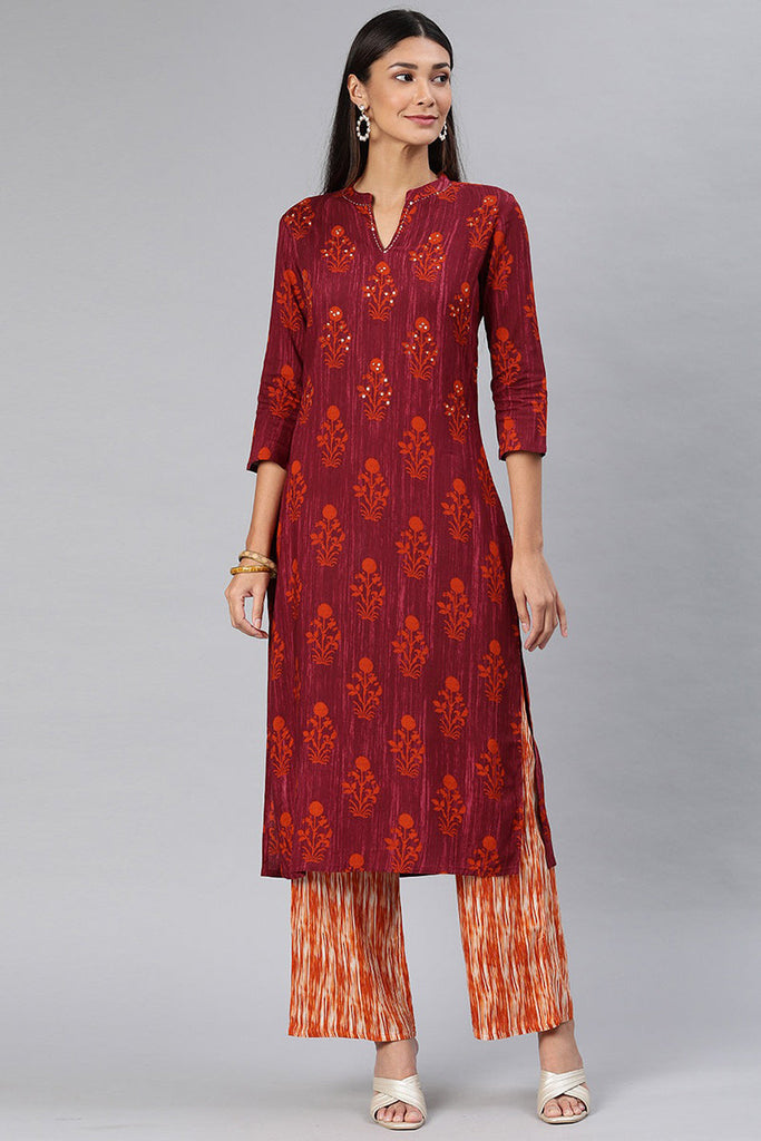 Red Cotton Floral Straight Kurta Set VKSET1073