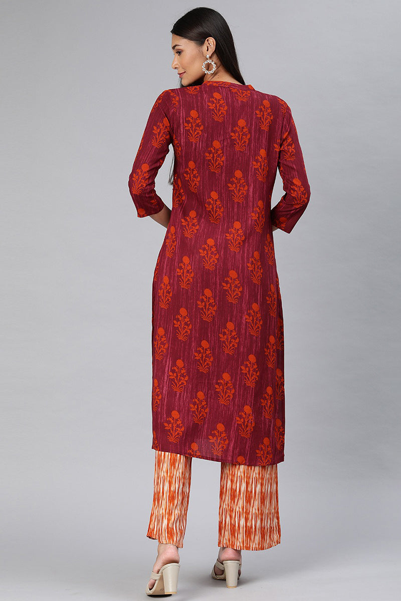 Red Cotton Floral Straight Kurta Set VKSET1073