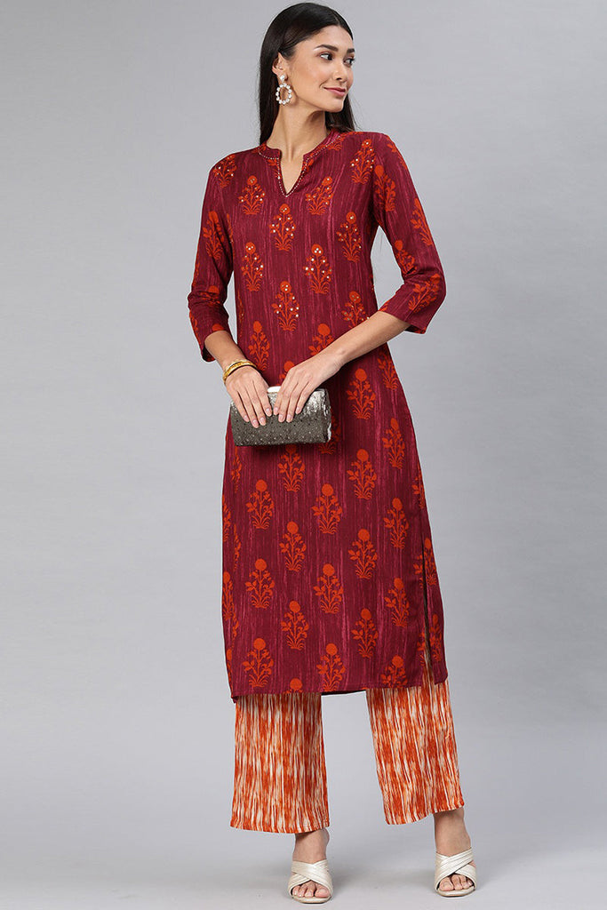 Red Cotton Floral Straight Kurta Set VKSET1073