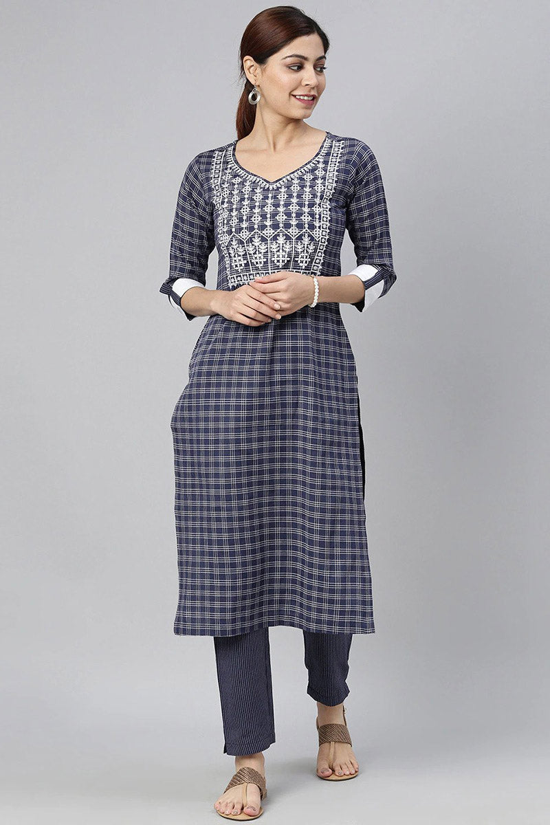  Women Navy Blue White Embroidered Kurta with Trousers Set