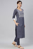  Women Navy Blue White Embroidered Kurta with Trousers Set