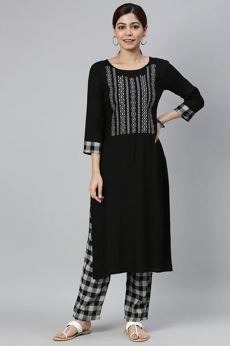  Women Black Grey Yoke Design Kurta with Trousers Set