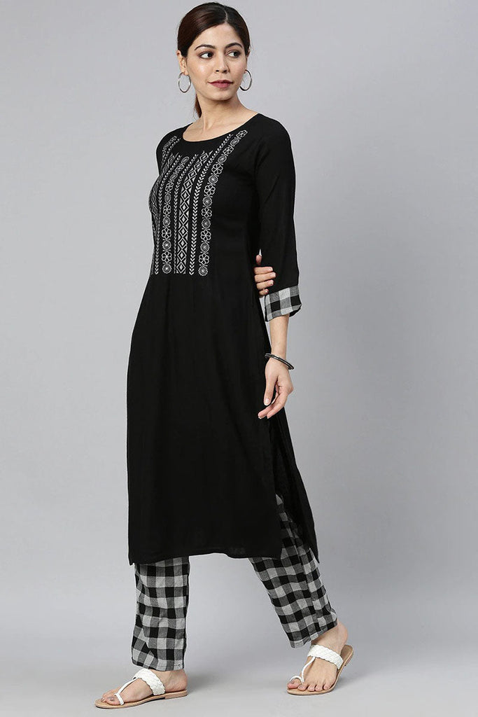  Women Black Grey Yoke Design Kurta with Trousers Set