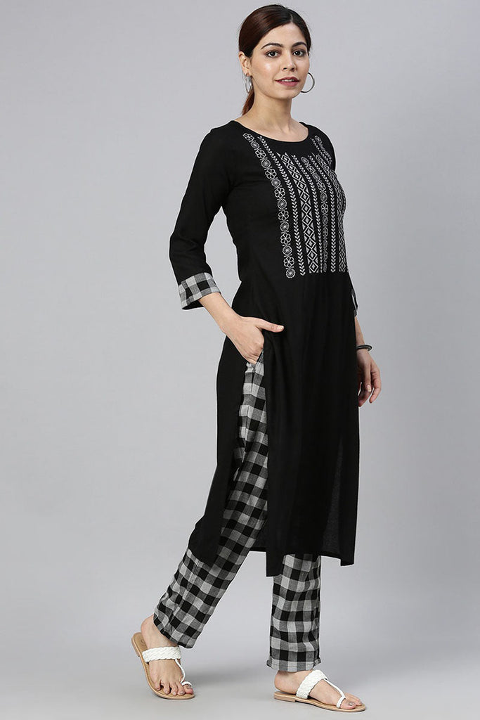  Women Black Grey Yoke Design Kurta with Trousers Set