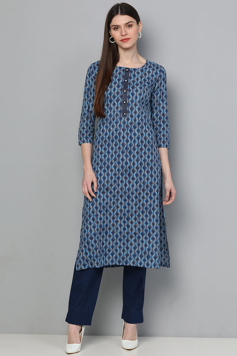   Cotton Blue Geometric Printed Straight Kurta Palazzo Set 