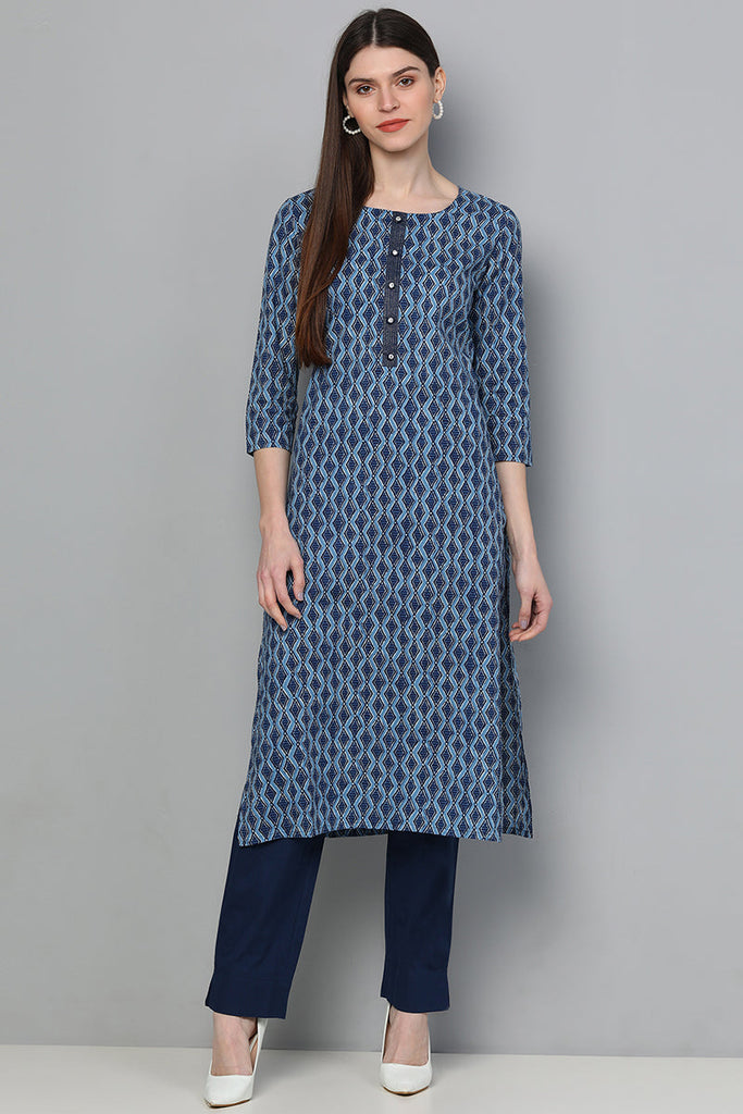   Cotton Blue Geometric Printed Straight Kurta Palazzo Set 